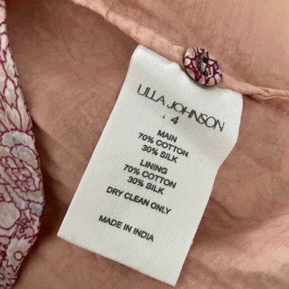 ULLA JOHNSON Floral Print Cotton Silk Long Sleeve Tie Back Dress 4 Pink - Picture 6 of 6